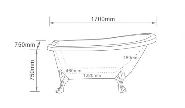 1500mm 1600mm 1700mm acrylic slipper clawfoot tub specification sheet
