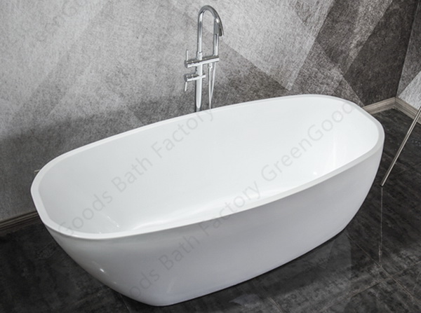Deep freestanding bath from top view with wall hung faucet
