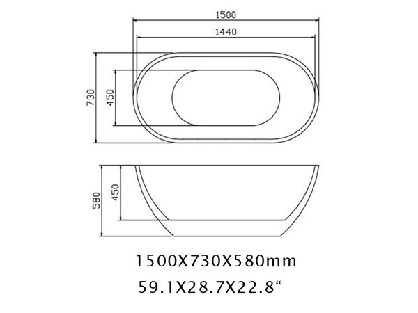 Narrow freestanding bathtub specification sheet