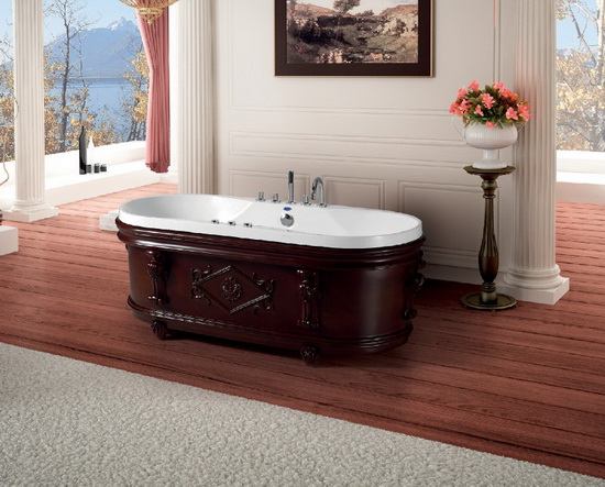 Pedestal soft tub with brown anqitue apron